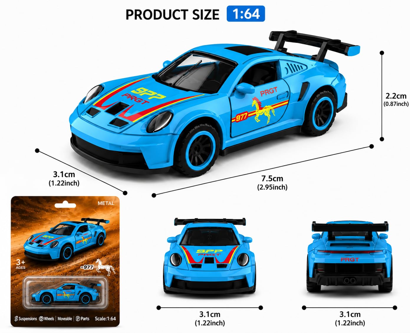 1:64 Porshe 911 GT3 RS Mini Diecast Car – Collectable Metal Car with Openable Doors