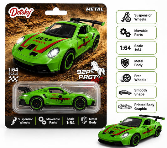 1:64 Porshe 911 GT3 RS Mini Diecast Car – Collectable Metal Car with Openable Doors - Green Colour